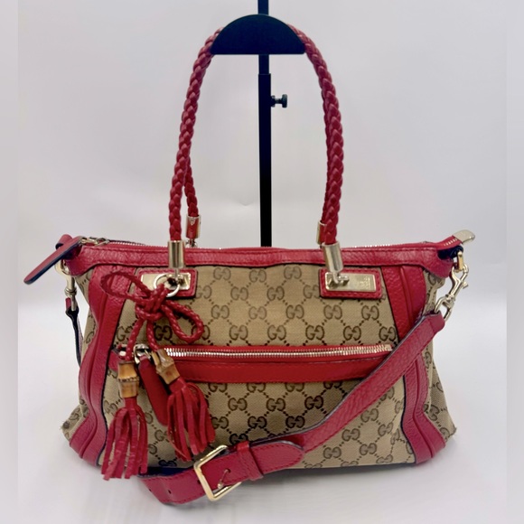 Gucci Handbags - Auth Gucci Beige GG Supreme Monogram Canvas Red Leather Trim 2way Bella Tote Bag